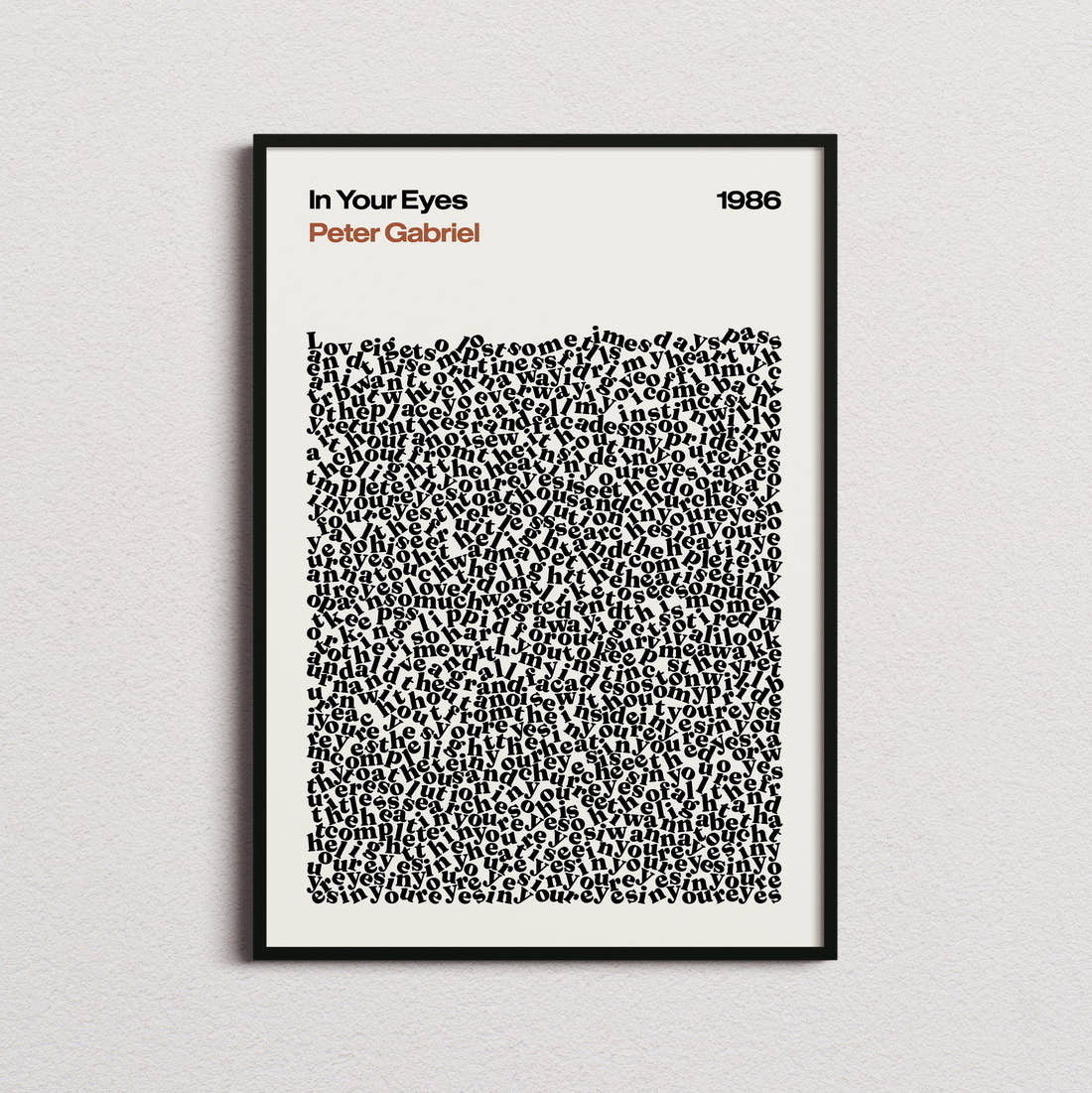 Peter Gabriel In Your Eyes Lyric Print in the cream colourway, framed