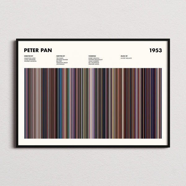 Peter Pan Movie Barcode Poster framed and photographed straight on