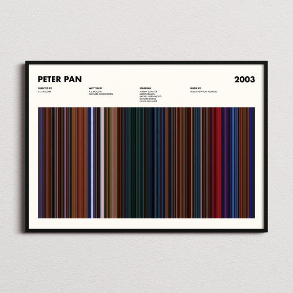 Peter Pan 2003 Movie Barcode Poster framed and photographed straight on