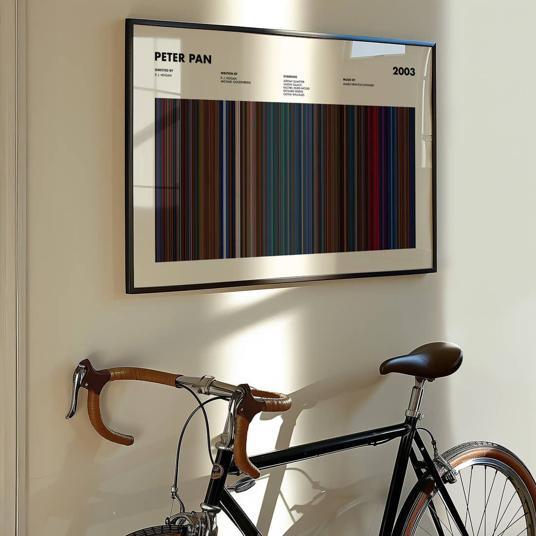 Peter Pan 2003 Movie Barcode Poster framed on the wall of a styled room setting
