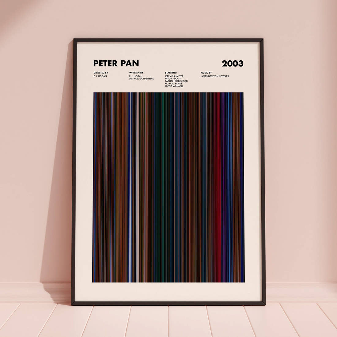 Peter Pan 2003 Movie Barcode Poster framed and leaning against a coloured wall