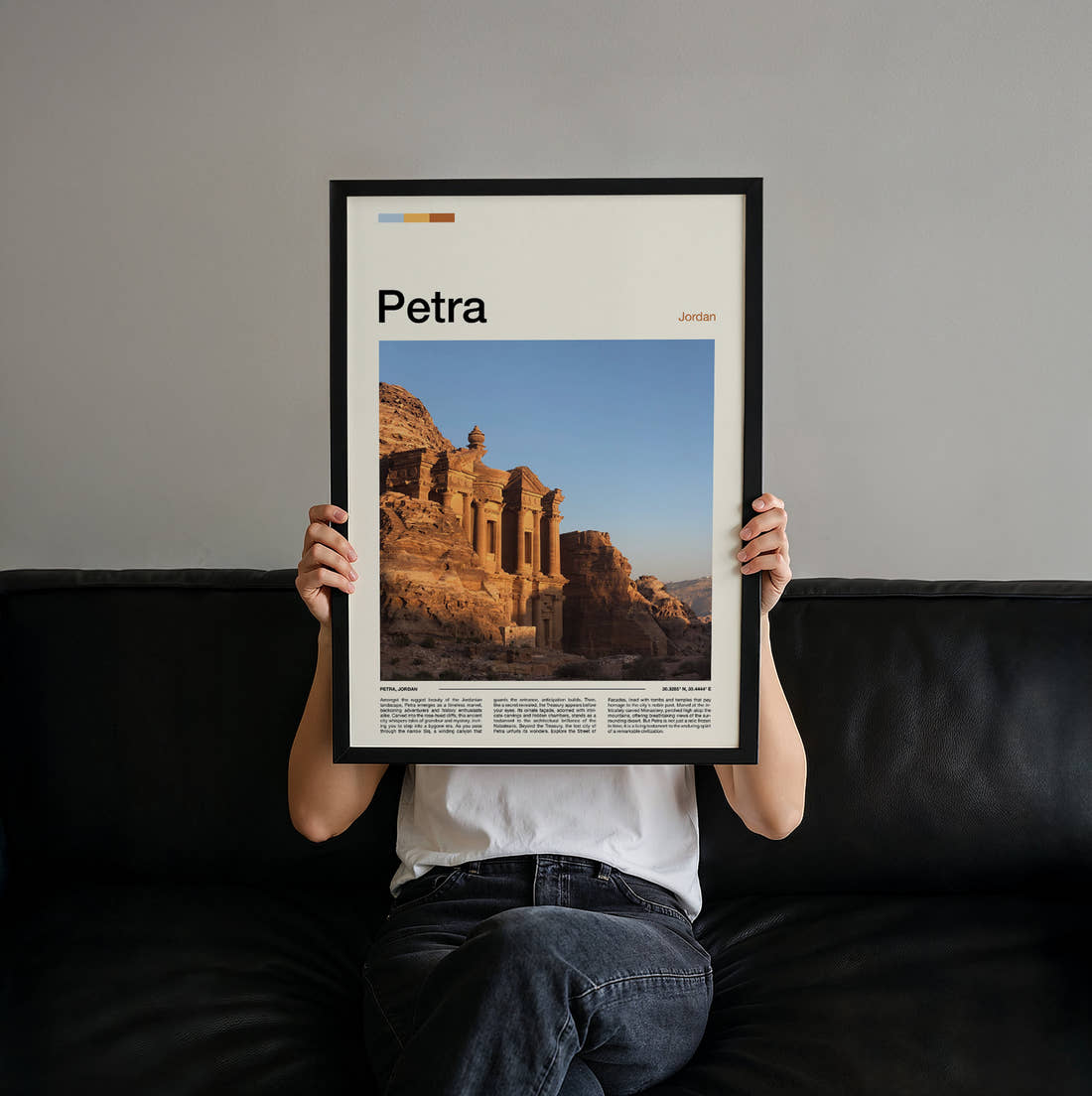 Petra The Monastery Travel Print held up by hand to show the size of the print