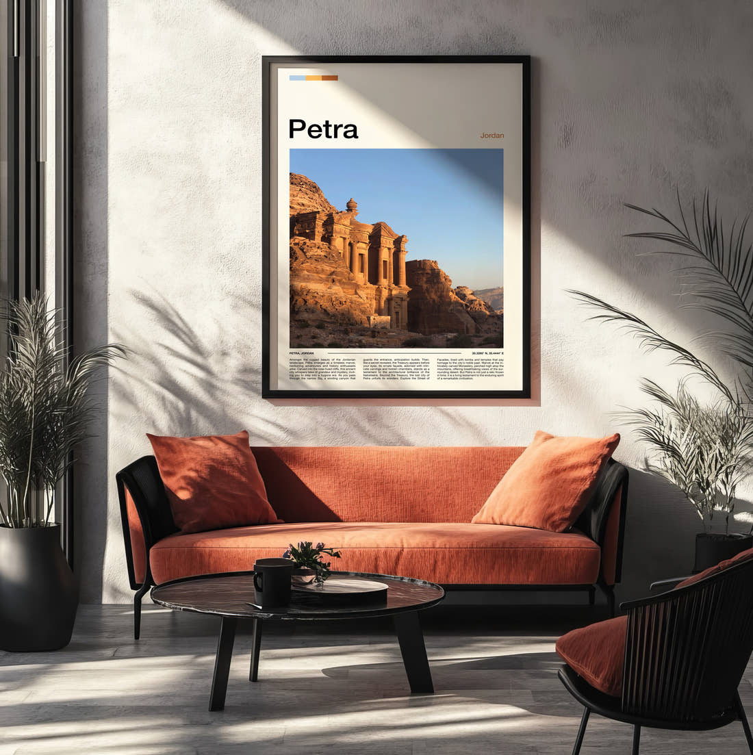Petra The Monastery Travel Print framed on the wall of a modern living room