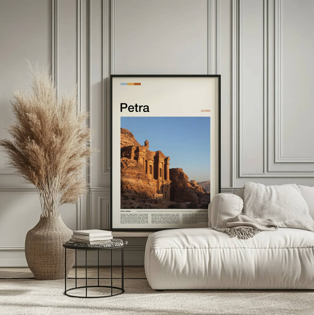 Petra The Monastery Travel Print framed on the wall of a calm, neutral bedroom
