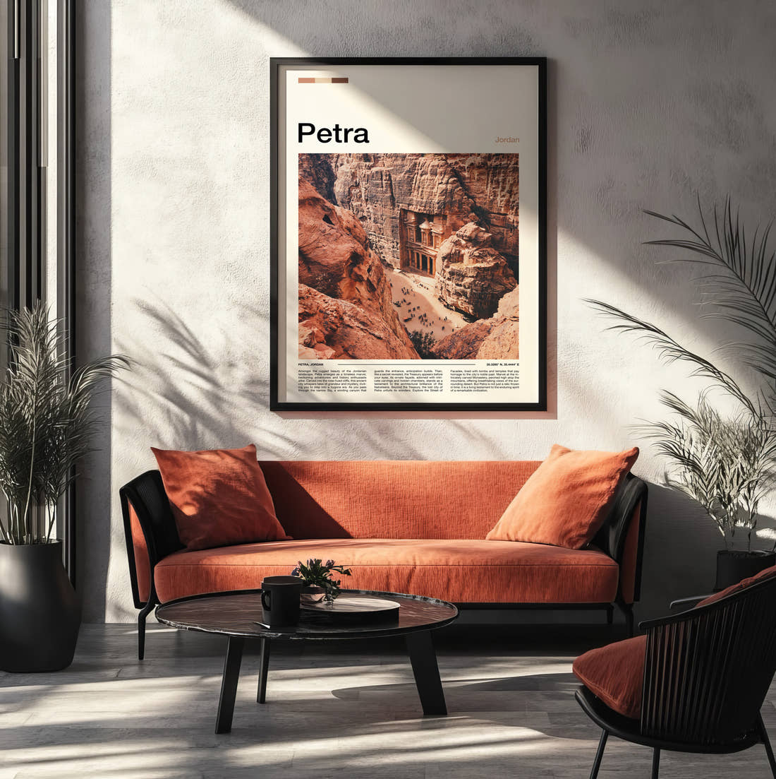 Petra The Treasury Travel Print framed on the wall of a modern living room