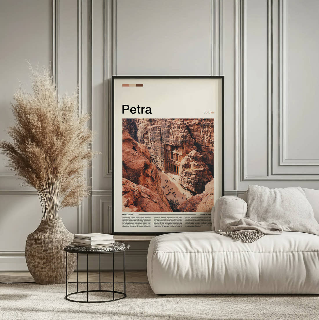 Petra The Treasury Travel Print framed on the wall of a calm, neutral bedroom