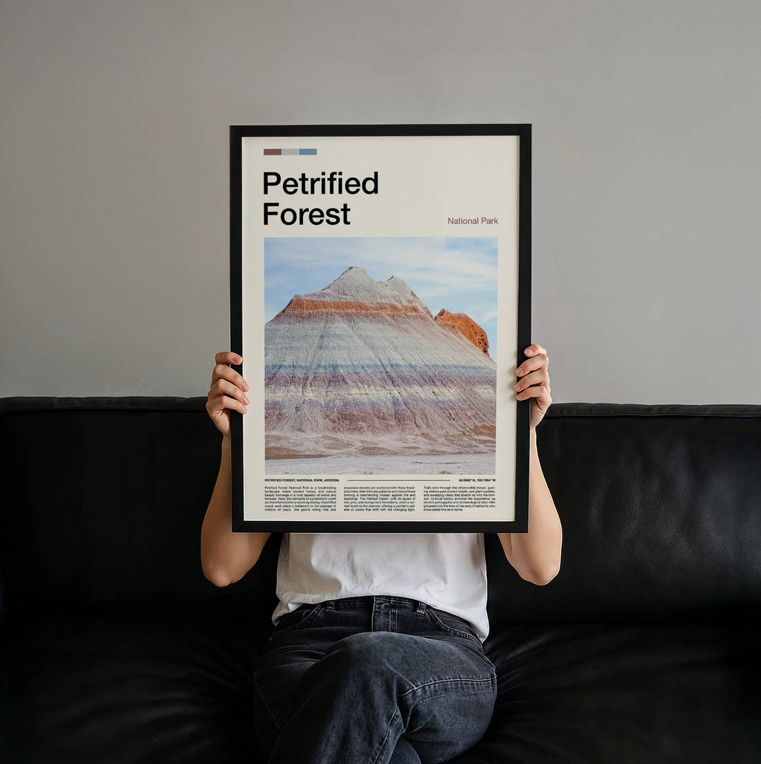 Petrified Forest Striped Badlands Hill Travel Print held up by hand to show the size of the print