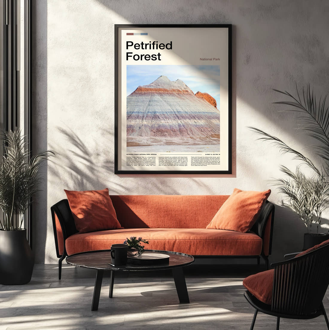 Petrified Forest Striped Badlands Hill Travel Print framed on the wall of a modern living room