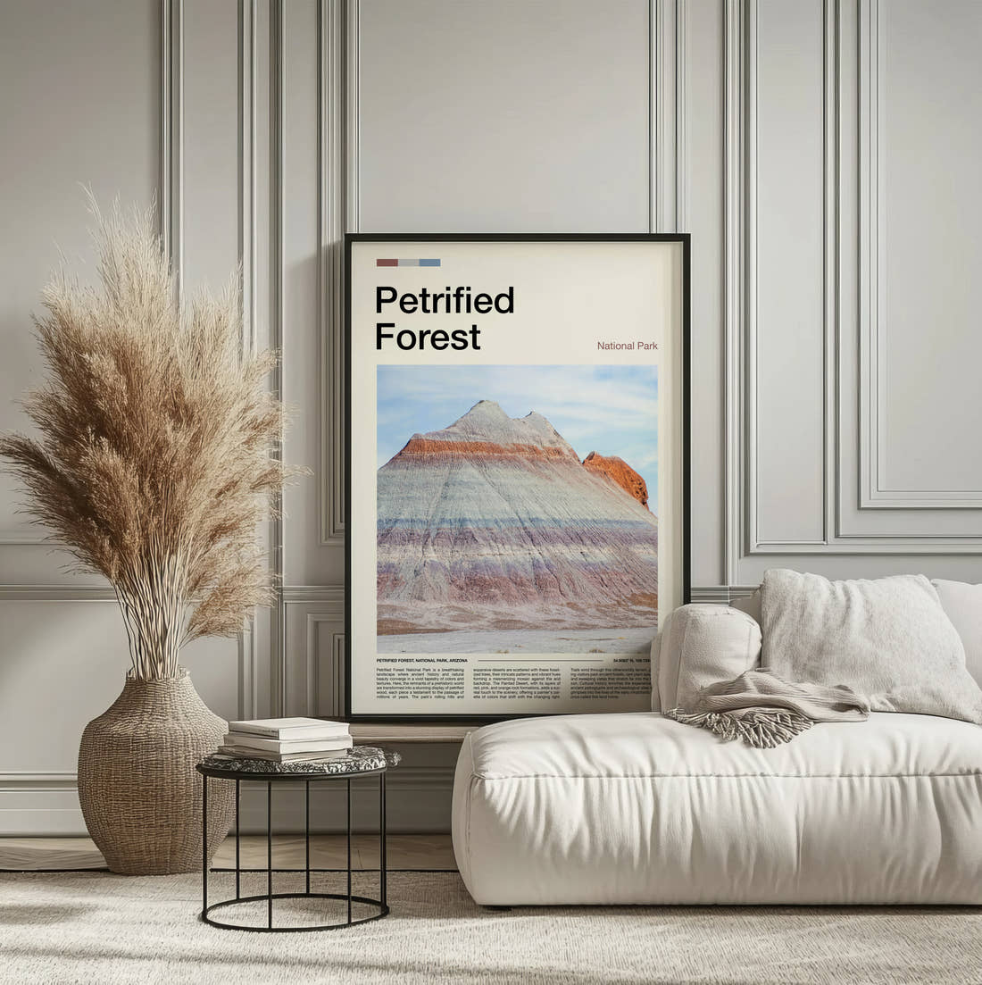Petrified Forest Striped Badlands Hill Travel Print framed on the wall of a calm, neutral bedroom