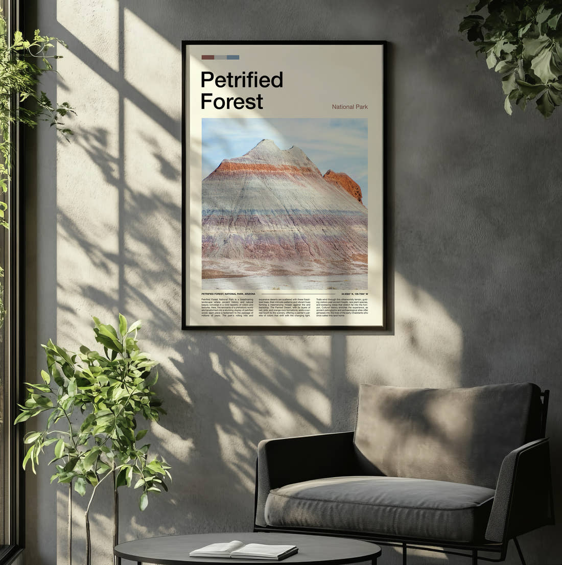 Petrified Forest Striped Badlands Hill Travel Print framed on the wall of a relaxed living room