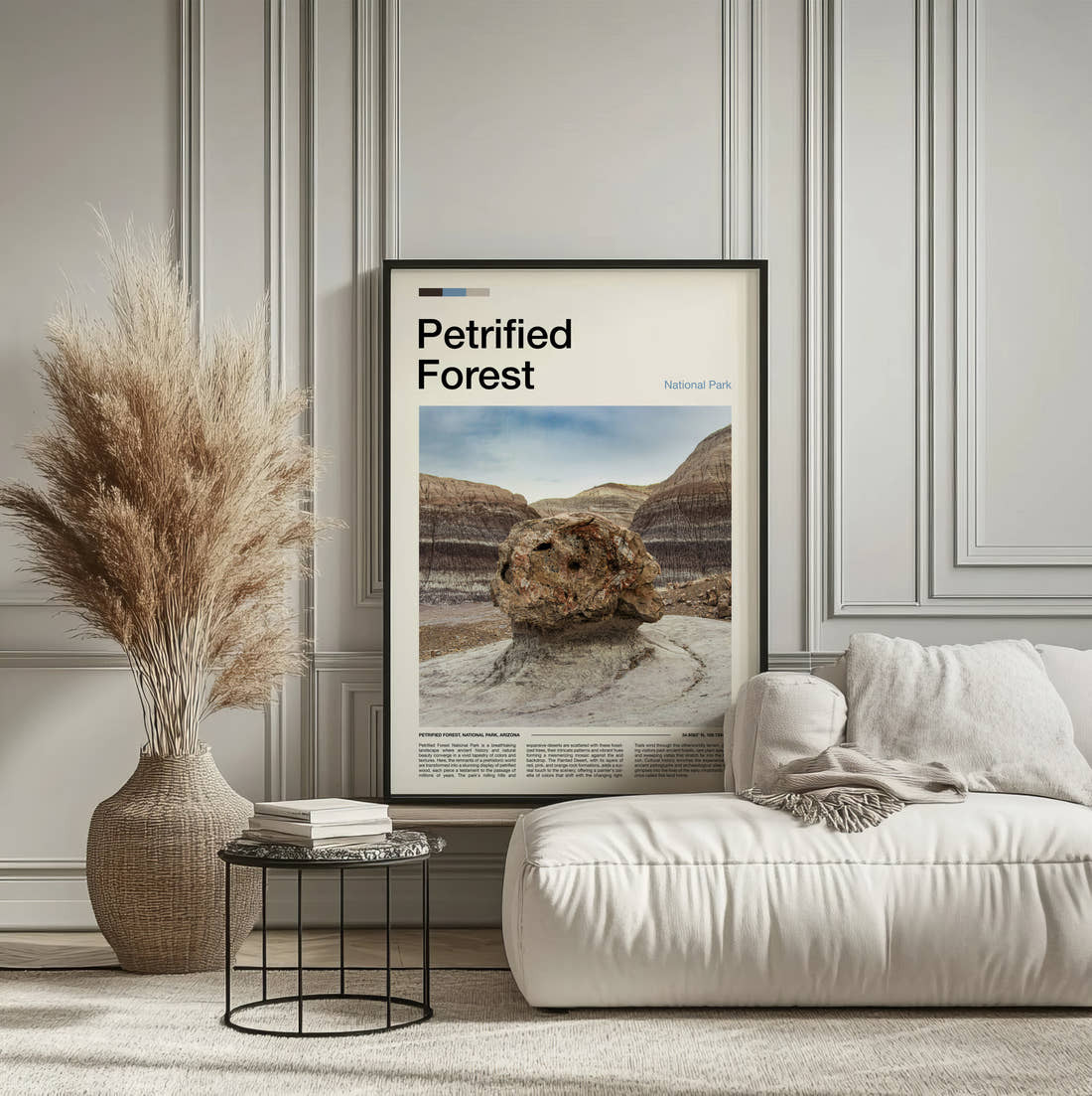 Petrified Forest Balanced Rock Travel Print framed on the wall of a calm, neutral bedroom