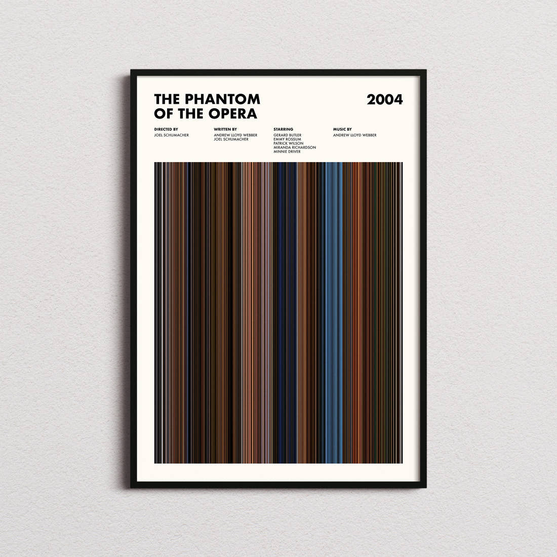 The Phantom of the Opera Movie Barcode Poster framed on a plain studio wall