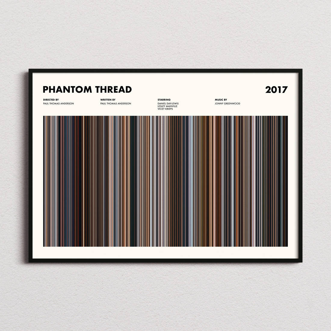 Phantom Thread Movie Barcode Poster framed and photographed straight on