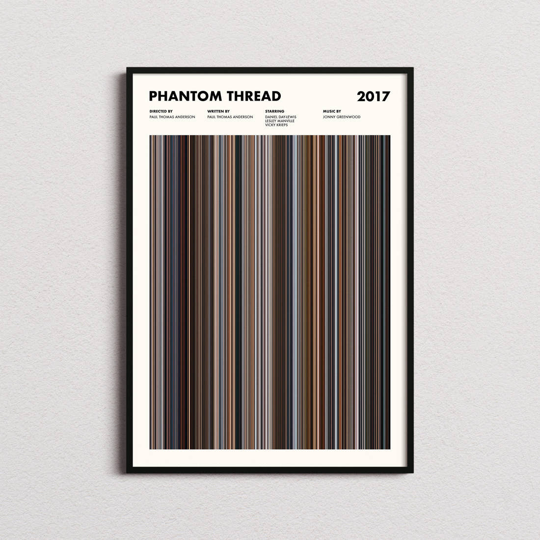 Phantom Thread Movie Barcode Poster framed on a plain studio wall