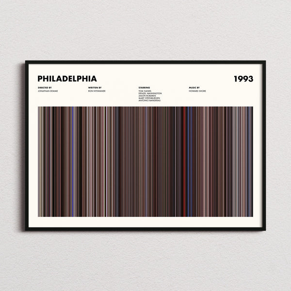 Philadelphia Movie Barcode Poster framed and photographed straight on