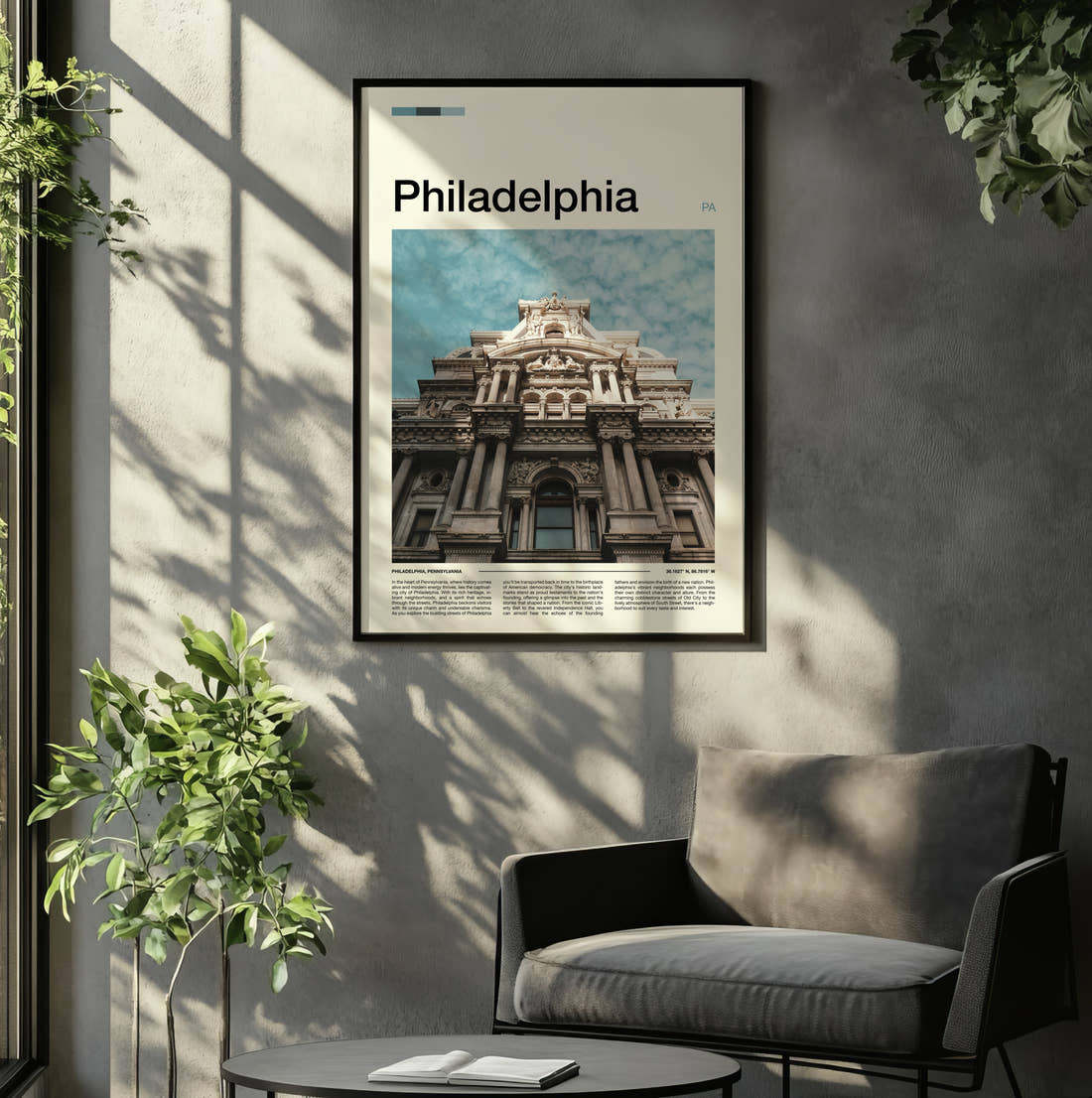 Philadelphia City Hall Travel Print framed on the wall of a relaxed living room