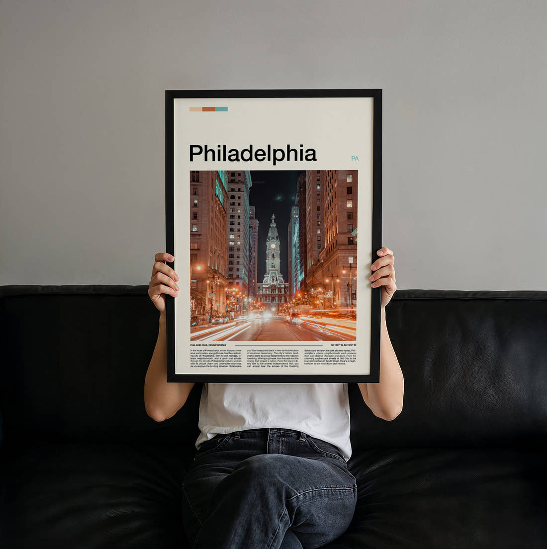 Philadelphia City Hall At Night Travel Print held up by hand to show the size of the print