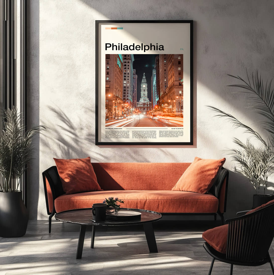Philadelphia City Hall At Night Travel Print framed on the wall of a modern living room