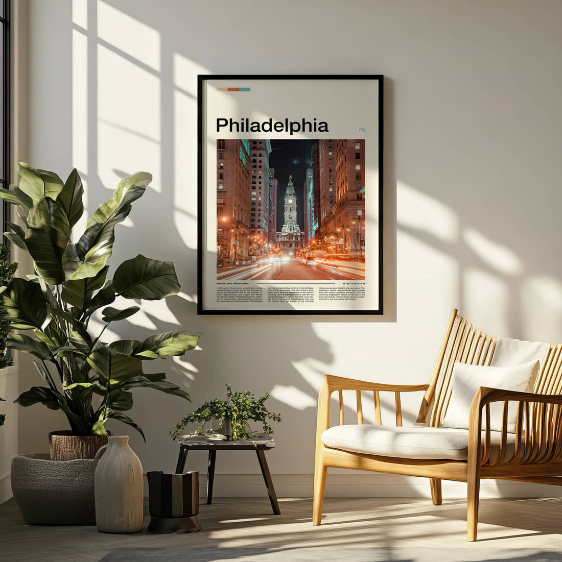Philadelphia City Hall At Night Travel Print framed on a pale wall beside houseplants