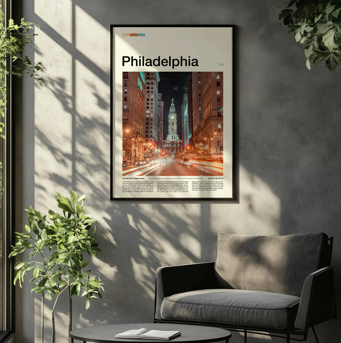 Philadelphia City Hall At Night Travel Print framed on the wall of a relaxed living room