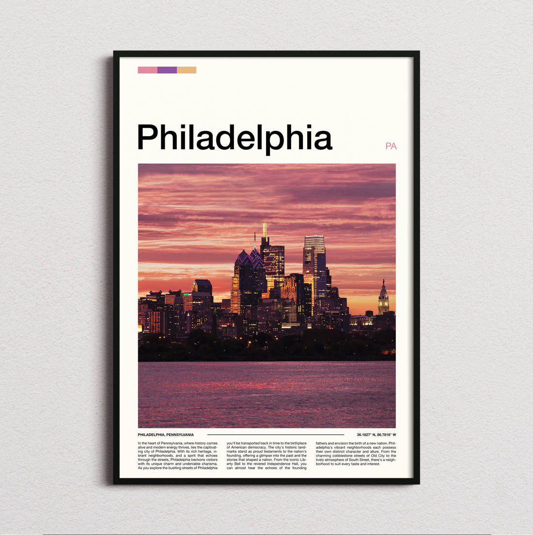 Philadelphia Skyline At Dusk Travel Print framed and photographed straight on