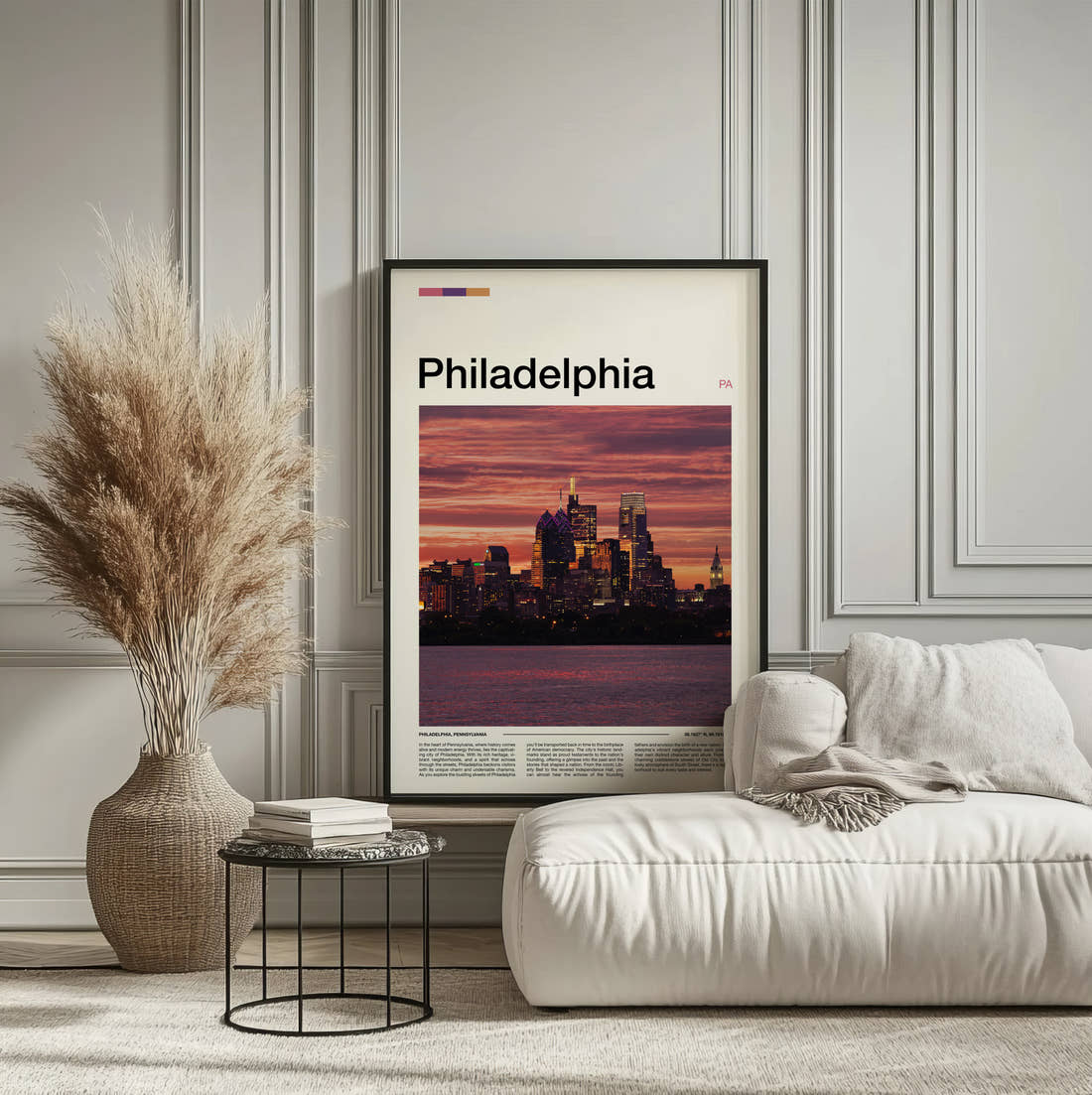 Philadelphia Skyline At Dusk Travel Print framed on the wall of a calm, neutral bedroom