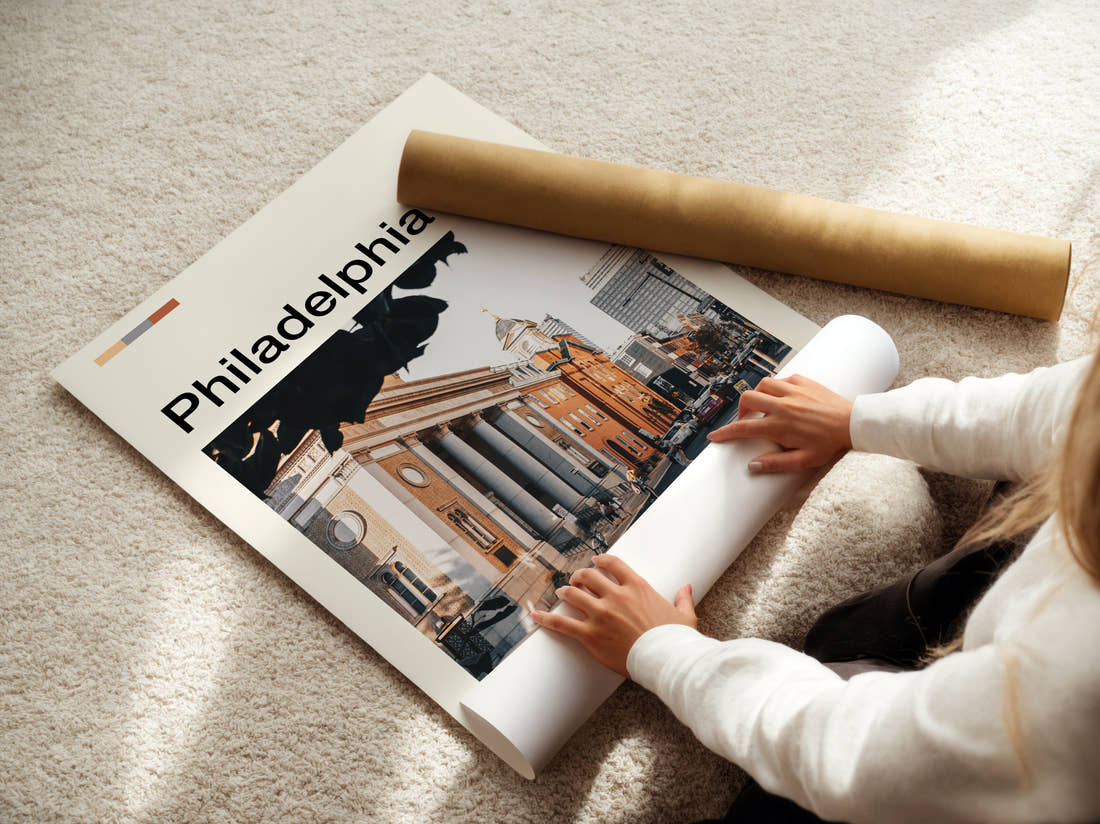 Philadelphia Neoclassical Building Travel Print being unrolled from its postal tube