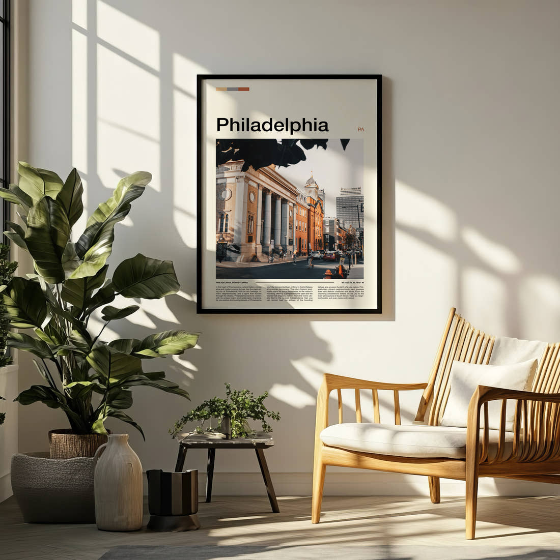 Philadelphia Neoclassical Building Travel Print framed on a pale wall beside houseplants