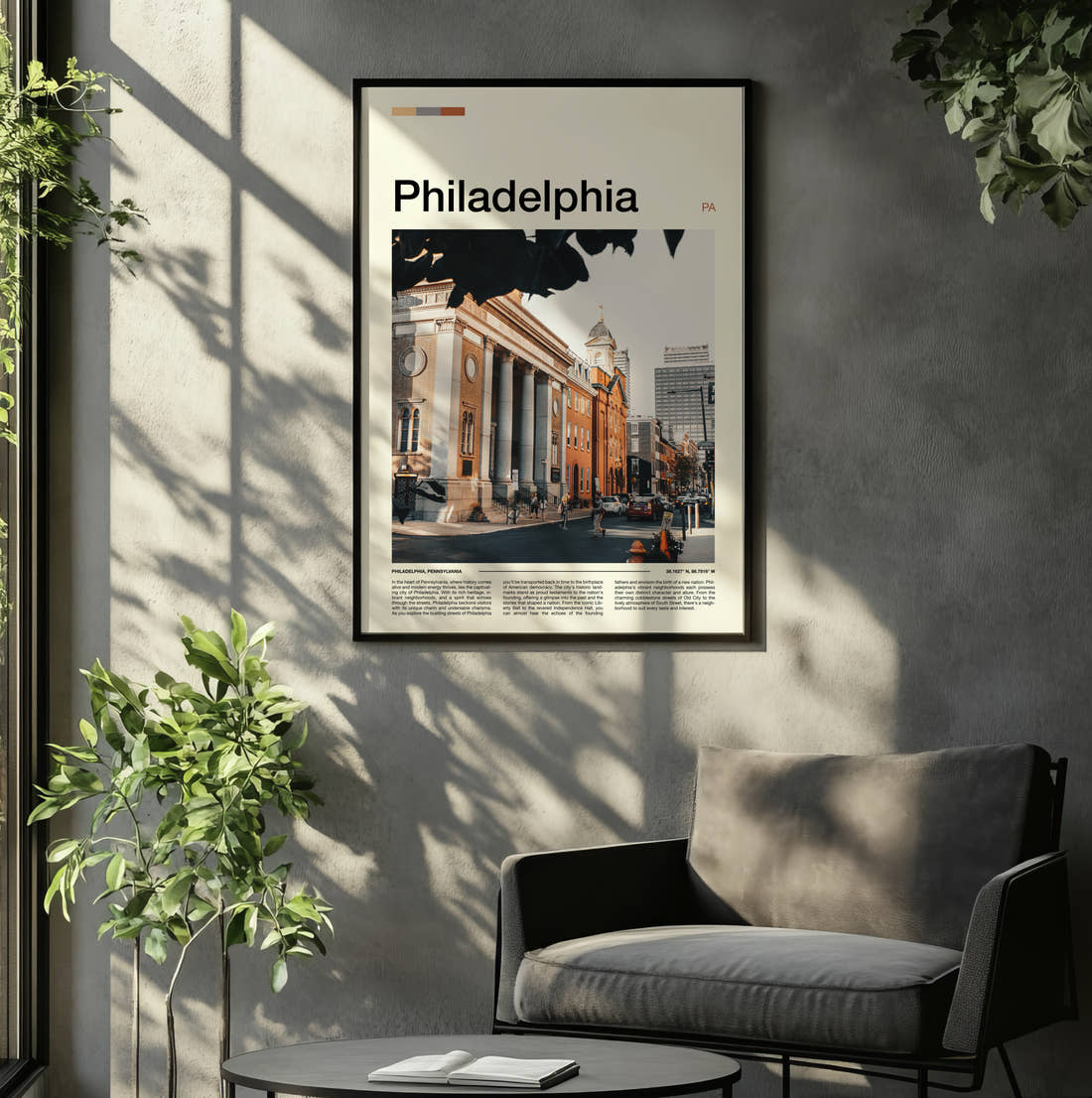 Philadelphia Neoclassical Building Travel Print framed on the wall of a relaxed living room