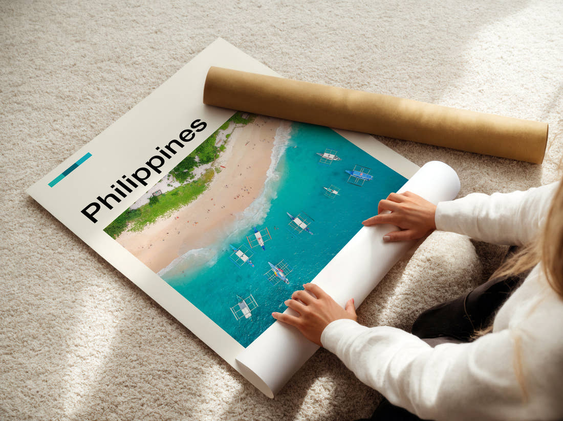 Philippines Aerial View Of Beach Travel Print being unrolled from its postal tube