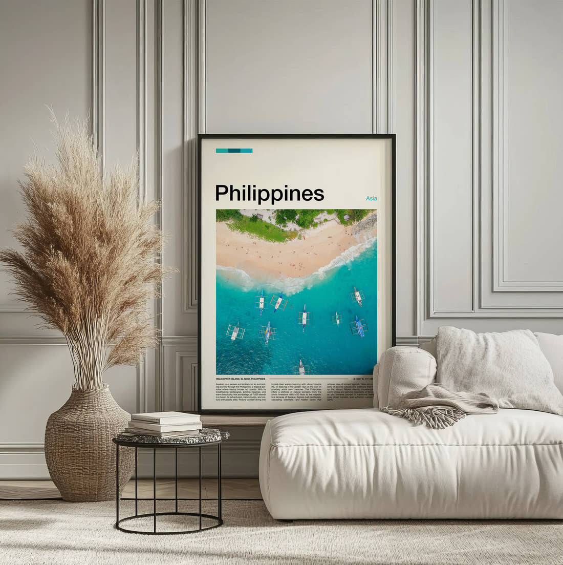 Philippines Aerial View Of Beach Travel Print framed on the wall of a calm, neutral bedroom