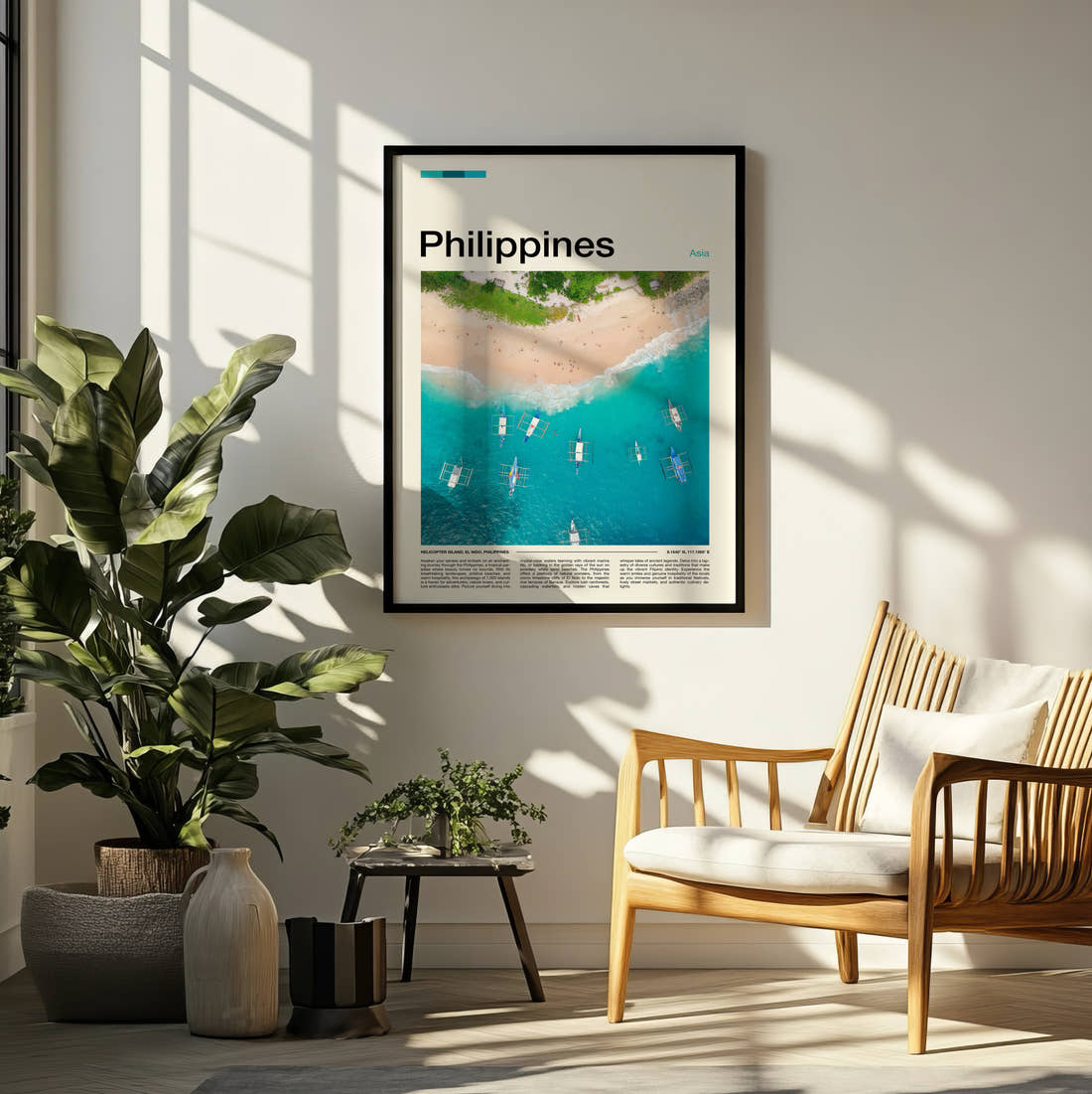 Philippines Aerial View Of Beach Travel Print framed on a pale wall beside houseplants