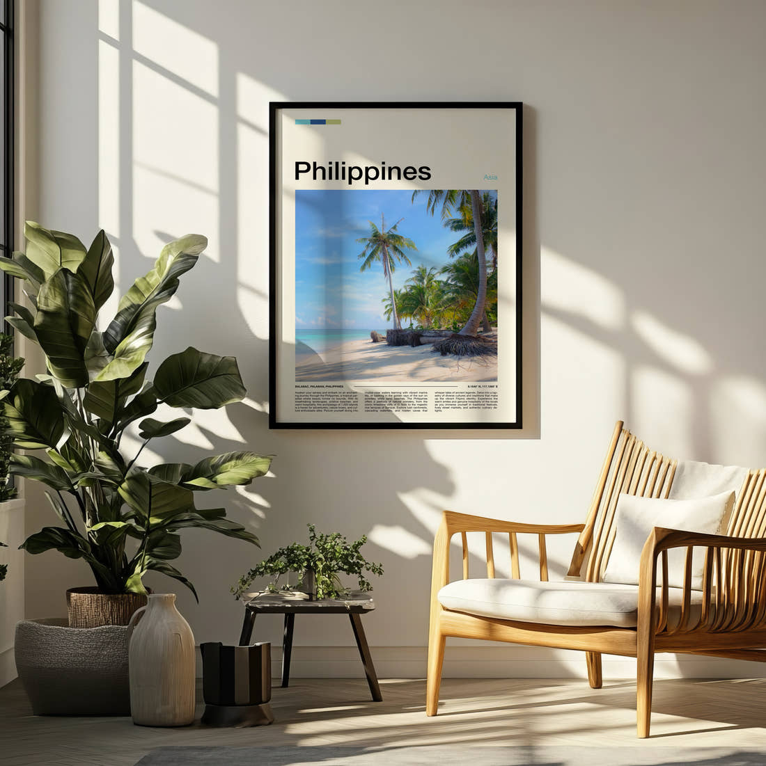 Philippines Palm Trees On The Beach Travel Print framed on a pale wall beside houseplants
