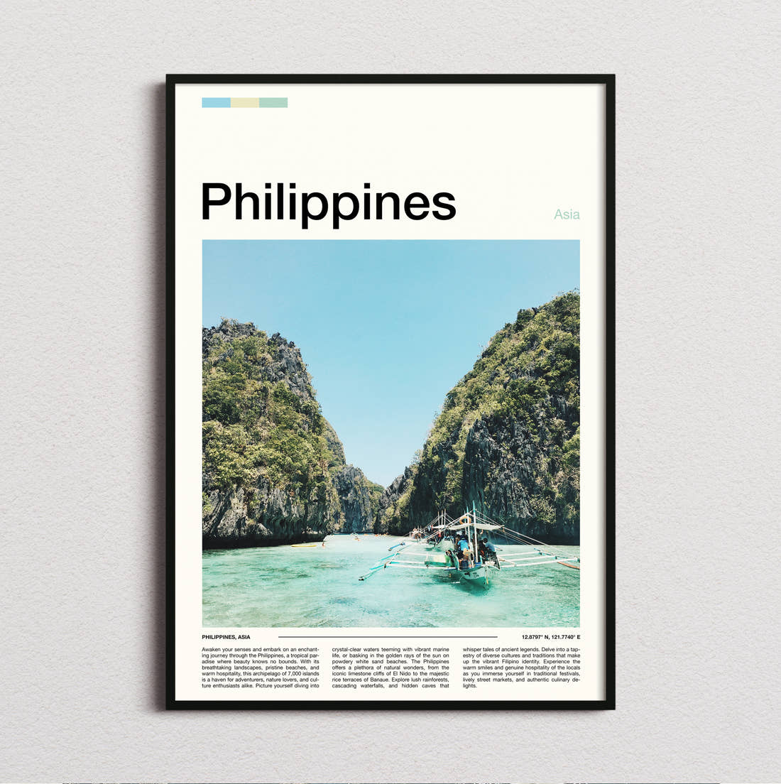 Philippines Outrigger Boat And Cliffs Travel Print framed and photographed straight on