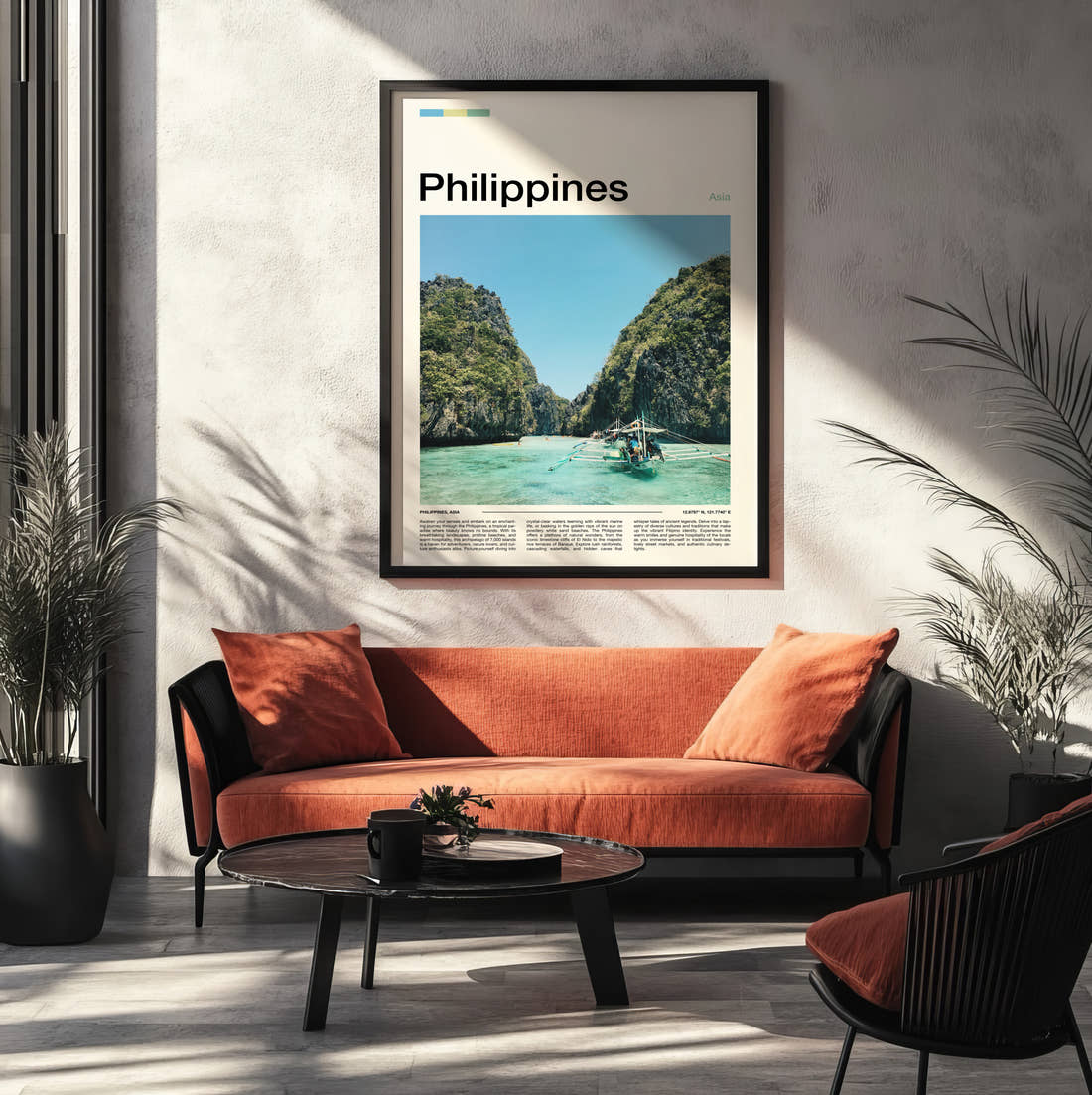 Philippines Outrigger Boat And Cliffs Travel Print framed on the wall of a modern living room