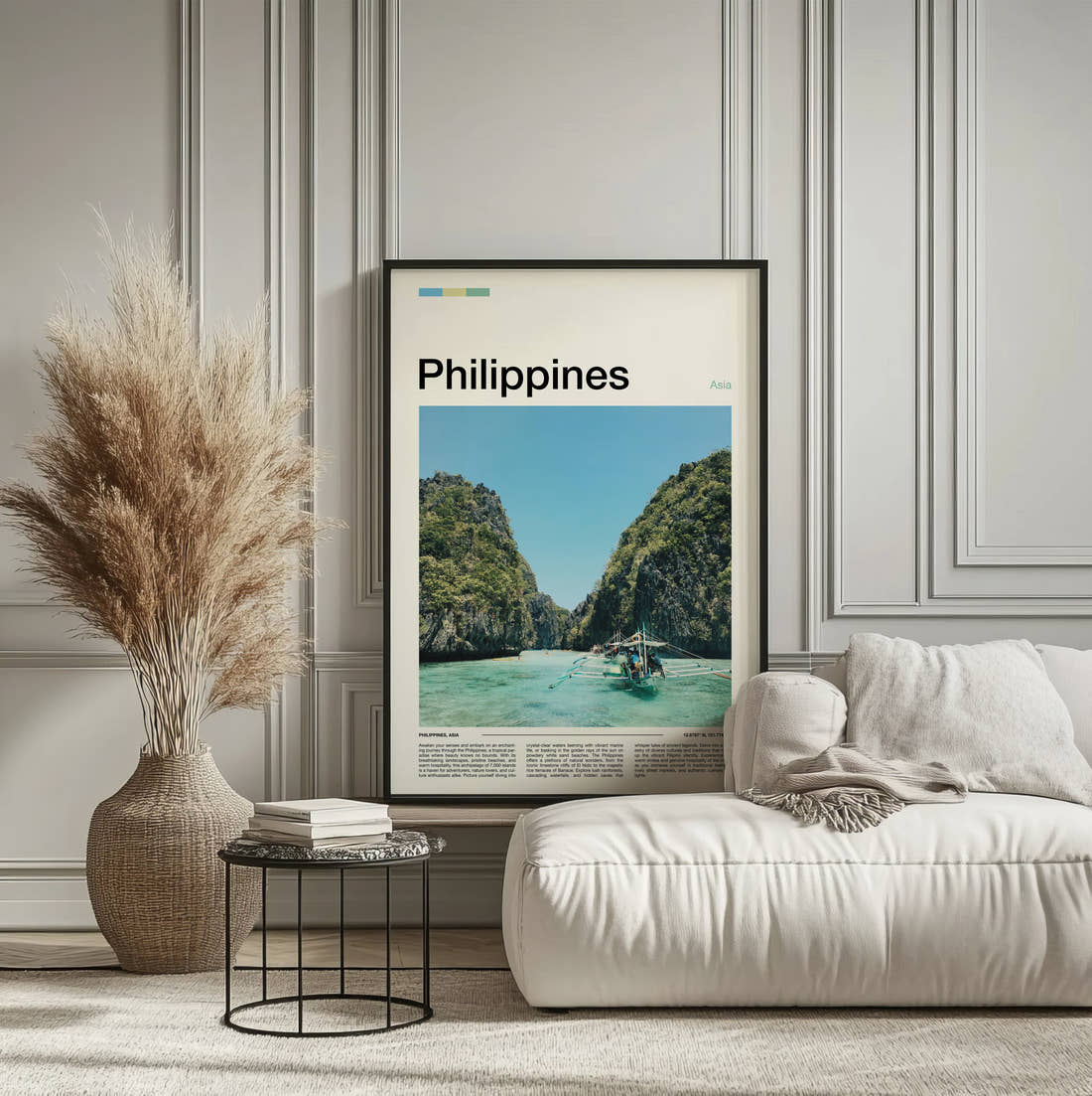 Philippines Outrigger Boat And Cliffs Travel Print framed on the wall of a calm, neutral bedroom