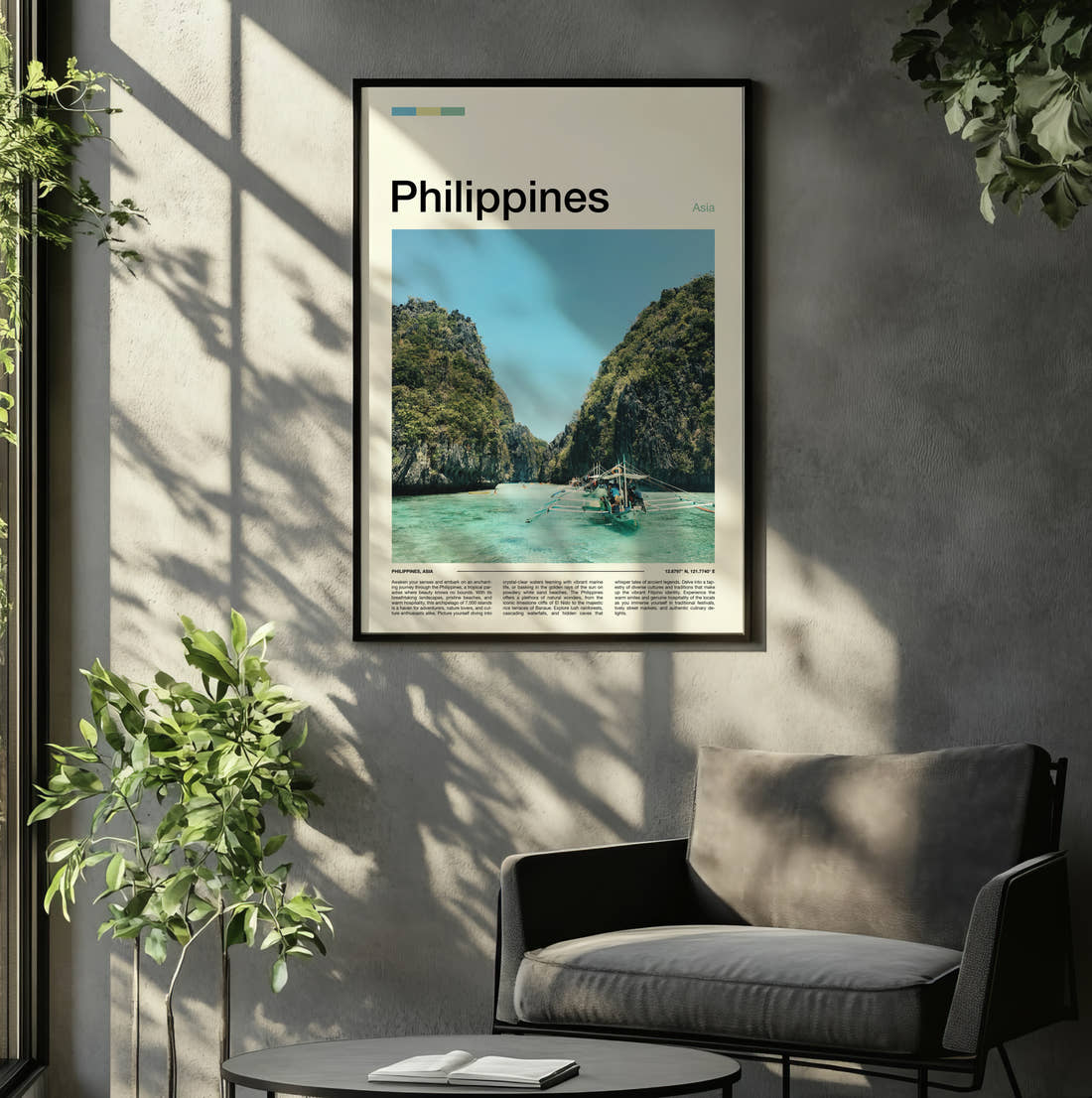 Philippines Outrigger Boat And Cliffs Travel Print framed on the wall of a relaxed living room