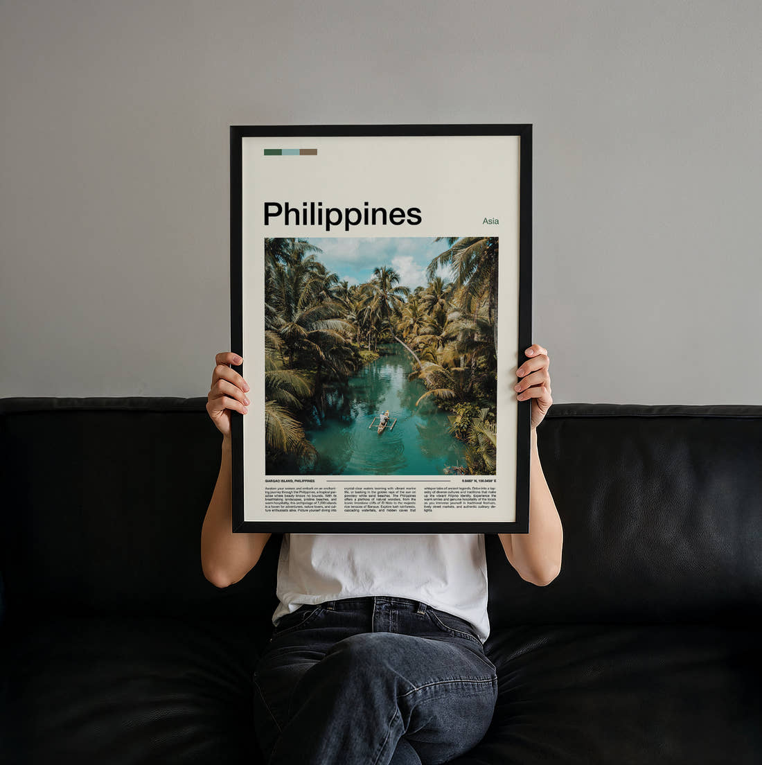 Philippines Boat On Jungle River Travel Print held up by hand to show the size of the print