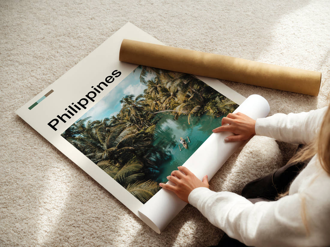Philippines Boat On Jungle River Travel Print being unrolled from its postal tube