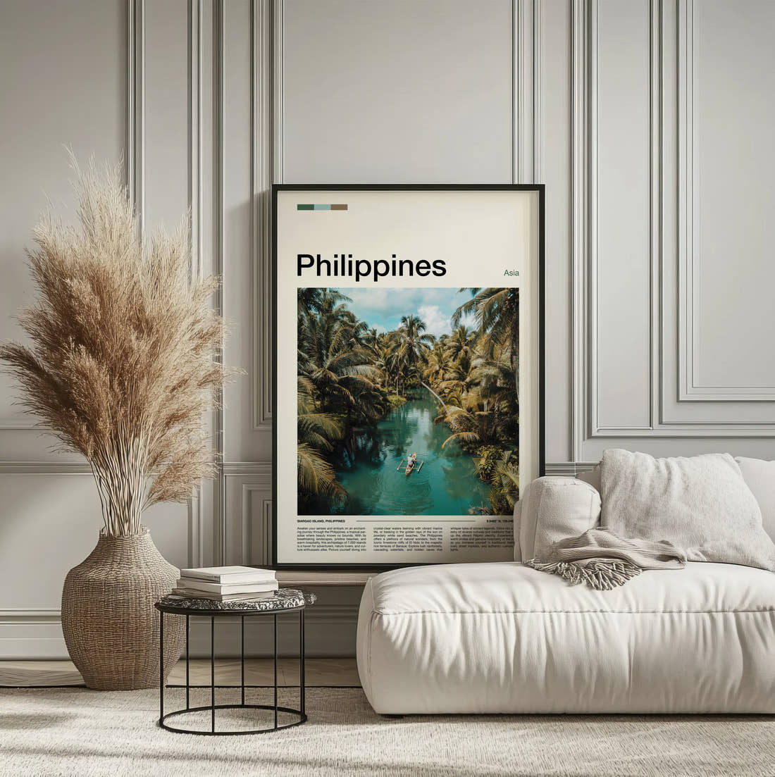 Philippines Boat On Jungle River Travel Print framed on the wall of a calm, neutral bedroom