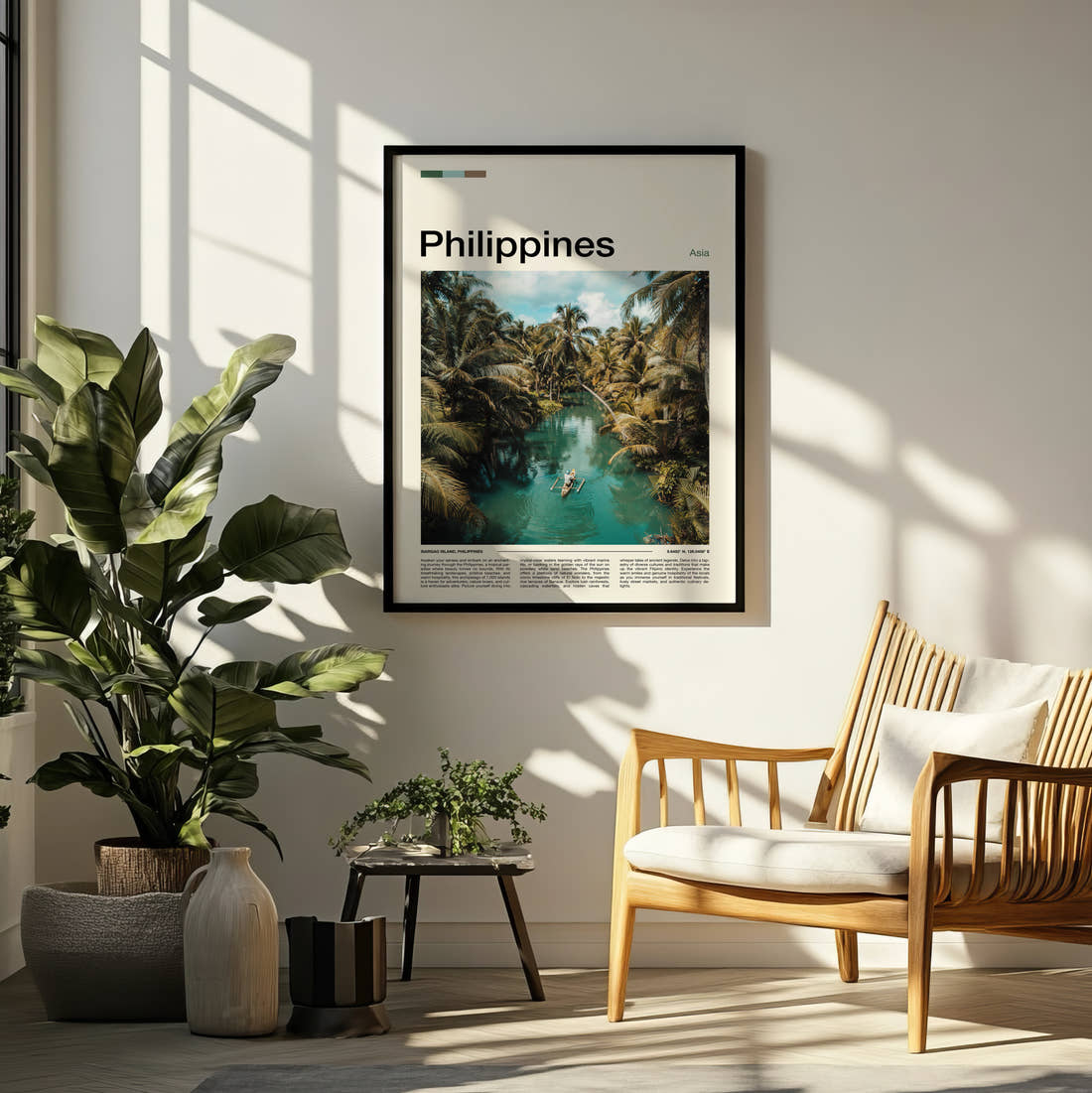 Philippines Boat On Jungle River Travel Print framed on a pale wall beside houseplants