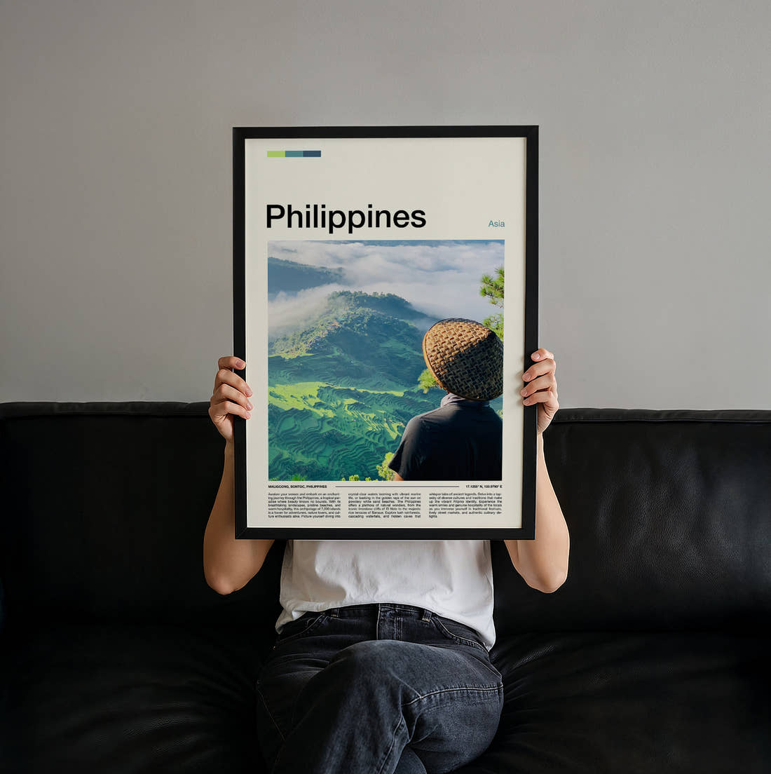 Philippines Straw Hat Travel Print held up by hand to show the size of the print