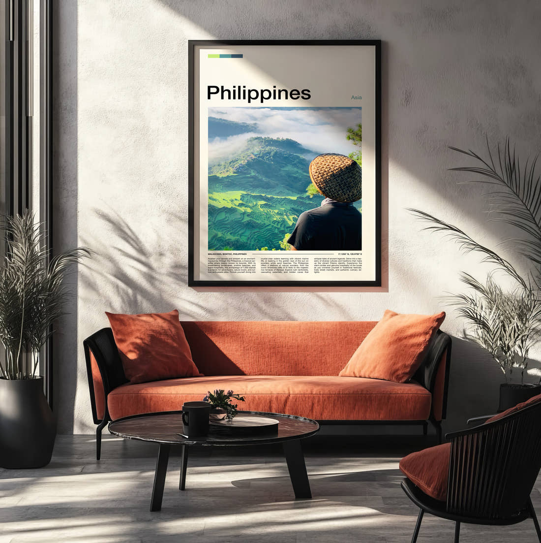 Philippines Straw Hat Travel Print framed on the wall of a modern living room