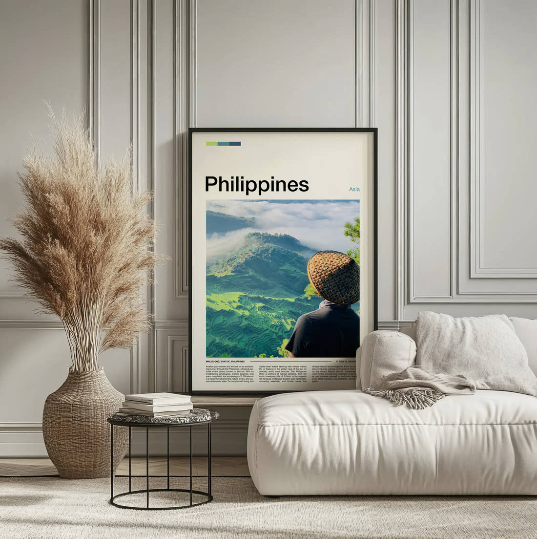 Philippines Straw Hat Travel Print framed on the wall of a calm, neutral bedroom