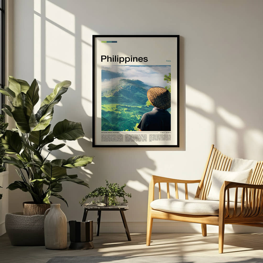Philippines Straw Hat Travel Print framed on a pale wall beside houseplants