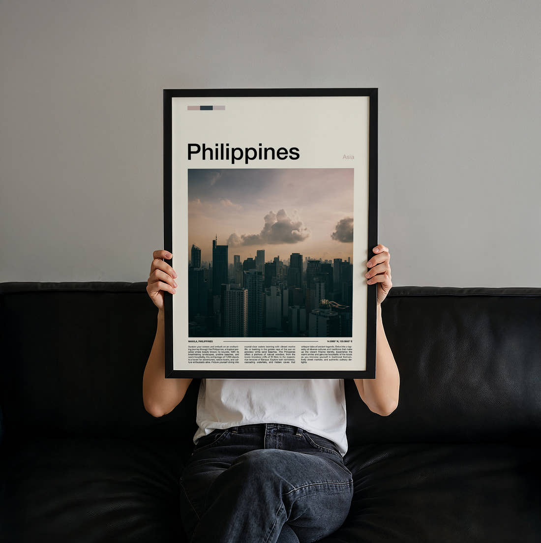 Philippines Moody Skyline Travel Print held up by hand to show the size of the print