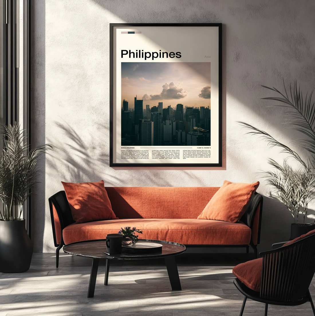 Philippines Moody Skyline Travel Print framed on the wall of a modern living room