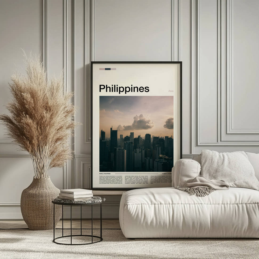 Philippines Moody Skyline Travel Print framed on the wall of a calm, neutral bedroom