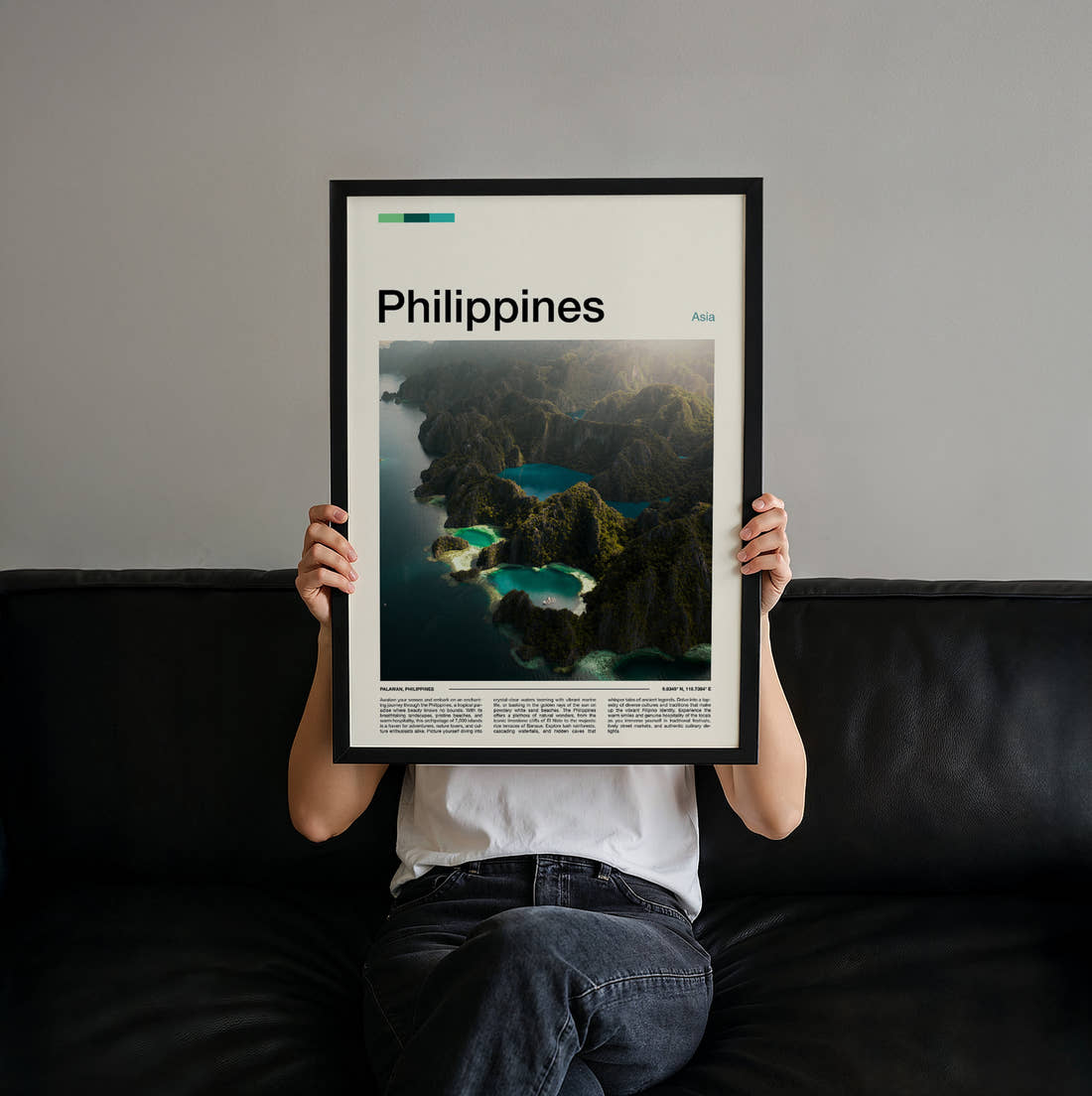 Philippines Aerial View Of Lagoons Travel Print held up by hand to show the size of the print