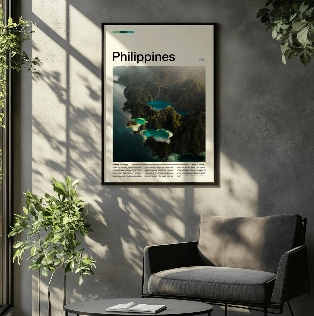 Philippines Aerial View Of Lagoons Travel Print framed on the wall of a relaxed living room